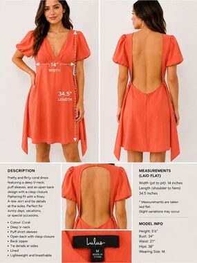 Lulu's Coral Open-Back Puff Sleeve Mini Dress